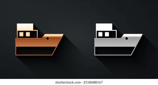 Gold and silver Ship line path of ship sea route with start point GPS and black line icon isolated on black background. Long shadow style. Vector