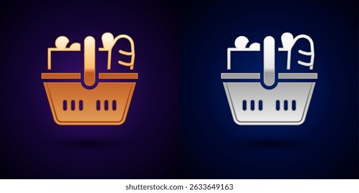 Gold and silver Shopping basket and food icon isolated on black background. Food store, supermarket.  Vector