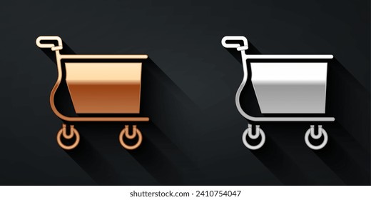 Gold and silver Shopping cart icon isolated on black background. Online buying concept. Delivery service sign. Supermarket basket symbol. Long shadow style. Vector
