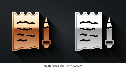 Gold and silver Shopping list and pencil icon isolated on black background. Long shadow style. Vector