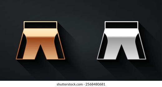 Gold and silver Short or pants icon isolated on black background. Long shadow style. Vector