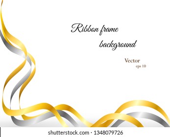 Gold and silver silk ribbon frame on white isolated background. Elegant design with shadows. An empty space for the copy. Vector illustration.