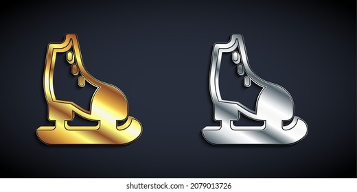 Gold and silver Skates icon isolated on black background. Ice skate shoes icon. Sport boots with blades. Long shadow style. Vector