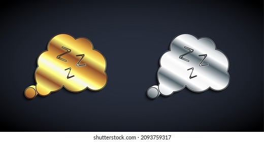 Gold and silver Sleepy icon isolated on black background. Sleepy zzz talk bubble. Long shadow style. Vector