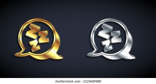 Gold and silver Sleepy icon isolated on black background. Sleepy zzz talk bubble. Long shadow style. Vector