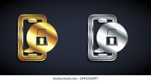 Gold und Silber Smartphone mit geschlossenem Vorhängeschloss-Symbol isoliert auf schwarzem Hintergrund. Telefon mit Schloss. Mobile Sicherheit, Sicherheit, Schutzkonzept. Langer Schatten. Vektorgrafik