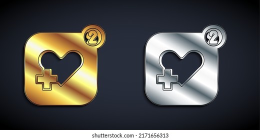 Gold and silver Smartphone with heart rate monitor function icon isolated on black background. Long shadow style. Vector