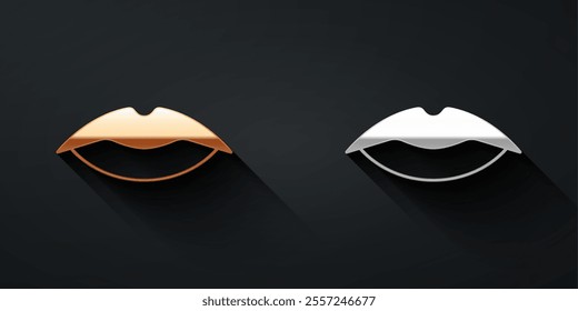 Gold and silver Smiling lips icon isolated on black background. Smile symbol. Long shadow style. Vector