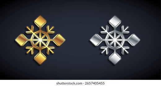 Gold and silver Snowflake icon isolated on black background. Merry Christmas and Happy New Year. Long shadow style. Vector