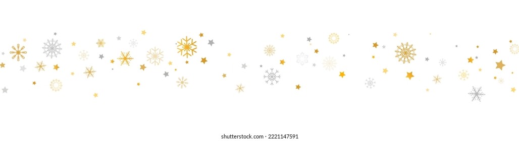 Gold, silver snowflakes border wave. Christmas golden celebration banner. Happy New Year card. Luxury winter ornament. Snow fall. Holiday background. Season greeting frame. Vector illustration.