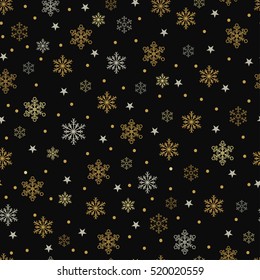 Gold and silver snowflakes and stars vector seamless pattern on a black background.