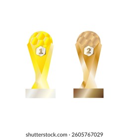 Gold and silver soccer trophies with number 1 and 2 on white background. Digital illustration for sports competition and awards concept. Design for poster, banner, greeting card, invitation, print