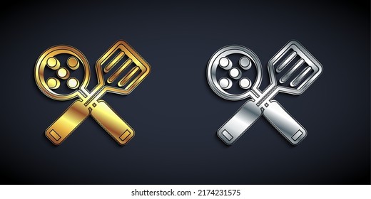 Gold and silver Spatula icon isolated on black background. Kitchen spatula icon. BBQ spatula sign. Barbecue and grill tool. Long shadow style. Vector