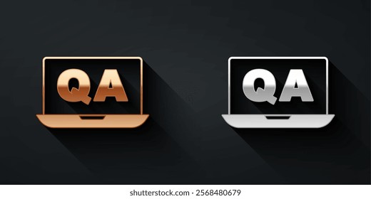 Gold and silver Speech bubbles with Question and Answer icon isolated on black background. Q and A symbol. FAQ sign. Chat speech bubble and chart. Long shadow style. Vector