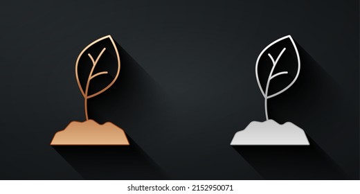 Gold and silver Sprout icon isolated on black background. Seed and seedling. Leaves sign. Leaf nature. Long shadow style. Vector