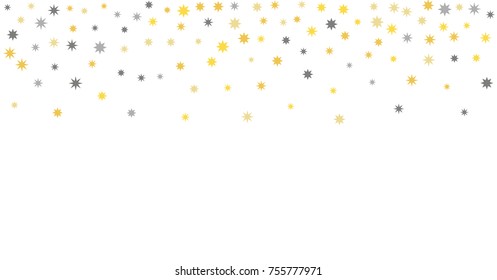 gold and silver star background, sparkles isolated on white. top border christmas stars lights confetti falling. magic shining Flying confetti glitter, cosmic backdrop, vector border. 