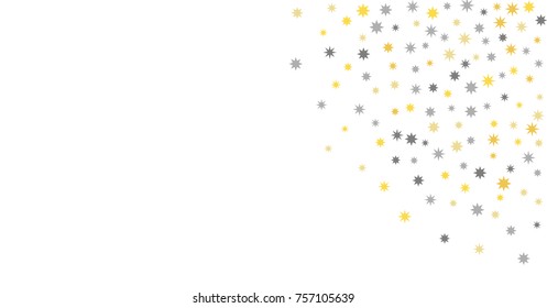 gold and silver star corner background, sparkles isolated on white. christmas stars lights confetti falling. magic shining Flying confetti glitter, cosmic backdrop, vector border. 