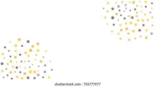 gold and silver star corners background, sparkles isolated on white. christmas stars lights confetti falling. magic shining Flying confetti glitter, cosmic backdrop, vector border. 