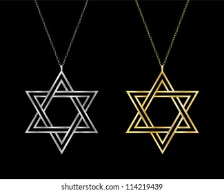 Gold and silver Star of David necklaces. EPS10 vector format