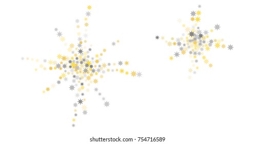 gold and silver star explosion background, sparkles isolated on white. christmas stars lights confetti falling. magic shining Flying confetti glitter, cosmic backdrop, vector border. 