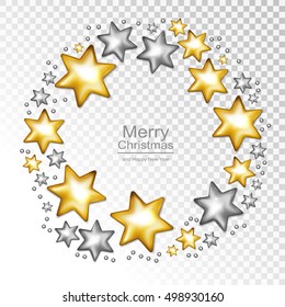Gold and silver star isolated on transparent  background. Holiday christmas toy for fir tree. Vector illustration.