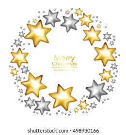 Gold and silver star isolated on white background. Holiday christmas toy for fir tree. Vector illustration.