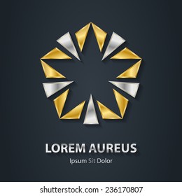 Gold and silver star logo. Award 3d icon. Metallic logotype template. Volume Vector illustration.