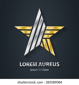 Gold And Silver Star Logo. Award 3d Icon. Metallic Logotype Template. Volume Vector Illustration.