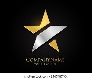 Gold And Silver Star Logo Designs Vector Template with Black Background