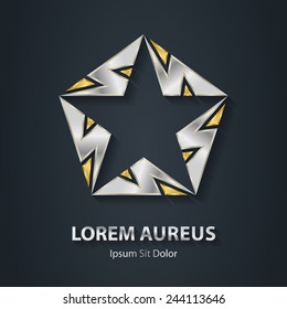Gold and Silver star logo made of lightnings. Award 3d icon. Metallic logotype template. Volume Vector illustration.