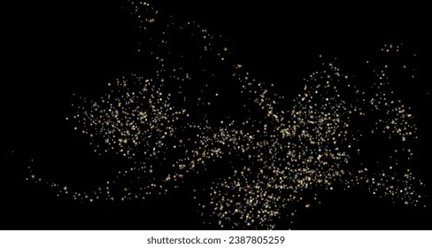 Gold silver stars confetti charming holiday vector background. Star sparkles flying magical illustration. Abstract party decoration elements on black. 2024 New Year decor.