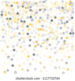 gold and silver stars confetti vector background, cute flying christmas lights falling. magic shining Flying stars glitter cosmic backdrop, sparkle vector border. glow tinsel frame