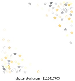 gold and silver stars confetti vector corner background, flying christmas lights falling. magic shining Flying stars glitter cosmic backdrop, sparkle vector border. glow tinsel frame