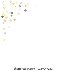 gold and silver stars confetti vector corner background, flying christmas lights falling. magic shining Flying stars glitter cosmic backdrop, sparkle vector border. glow tinsel frame