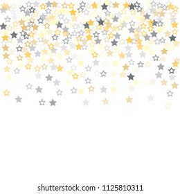 gold and silver stars confetti vector background, cute flying christmas lights falling. magic shining Flying stars glitter cosmic backdrop, sparkle vector border. glow tinsel frame