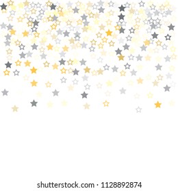 gold and silver stars confetti vector background, cute flying christmas lights falling. magic shining Flying stars glitter cosmic backdrop, sparkle vector border. glow tinsel frame