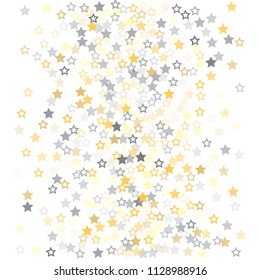 gold and silver stars confetti vector background, cute flying christmas lights falling. magic shining Flying stars glitter cosmic backdrop, sparkle vector border. glow tinsel frame