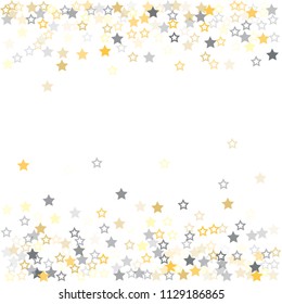 gold and silver stars confetti vector background, cute flying christmas lights falling. magic shining Flying stars glitter cosmic backdrop, sparkle vector border. glow tinsel frame