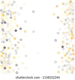 gold and silver stars confetti vector background, cute flying christmas lights falling. magic shining Flying stars glitter cosmic backdrop, sparkle vector border. glow tinsel frame