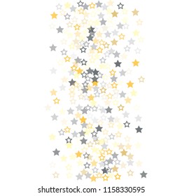 gold and silver stars confetti vector background, cute flying christmas lights falling. magic shining Flying stars glitter cosmic backdrop, sparkle vector border. glow tinsel frame