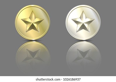 gold and silver stars on a coin with reflection. Vector illustration