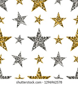 Gold and silver stars on white background. Seamless pattern. Vector illustration.