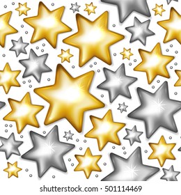 Gold and silver stars seamless pattern. Christmas seamless pattern. Vector illustration.