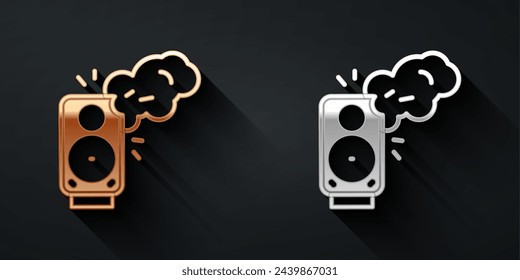 Gold and silver Stereo speaker icon isolated on black background. Sound system speakers. Music icon. Musical column speaker bass equipment. Long shadow style. Vector