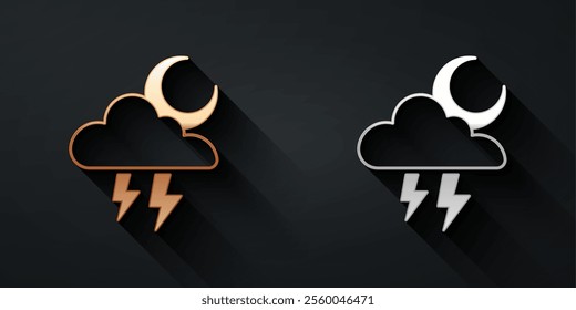 Gold and silver Storm icon isolated on black background. Cloud with lightning and moon sign. Weather icon of storm. Long shadow style. Vector