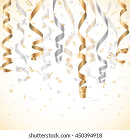 Gold and silver streamer with confetti background