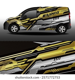 Gold and silver stripes on black background for van wrapping in racing style. Car sticker. Modern camouflage design for vehicle vinyl wrap. Car design development for the company.