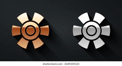 Gold and silver Sun icon isolated on black background. Long shadow style. Vector