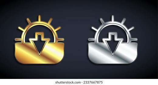Gold and silver Sunset icon isolated on black background. Long shadow style. Vector