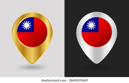 Ícone de pino do mapa da bandeira de Taiwan dourado e prata